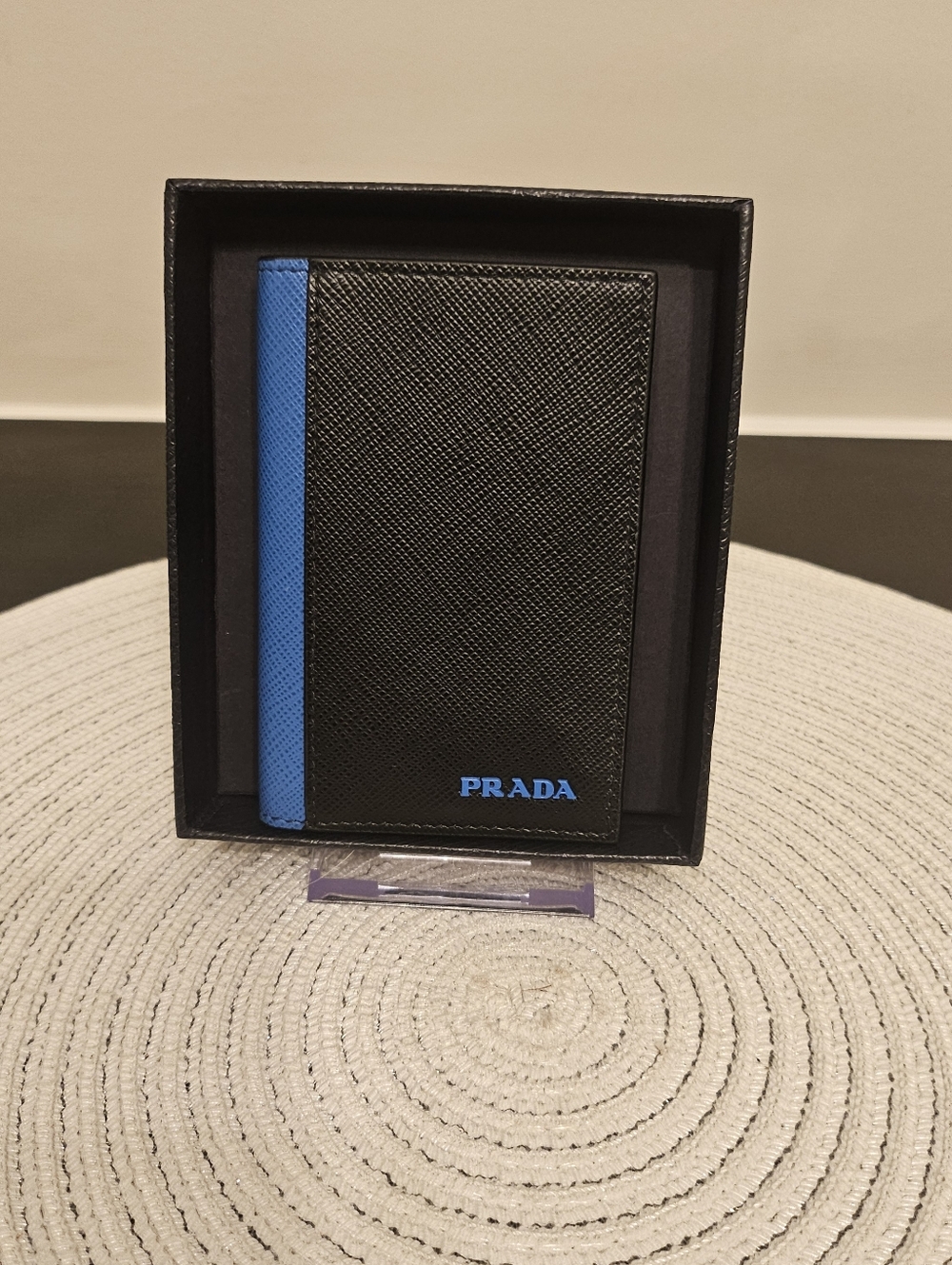 PRADA Saffiano Active Card Holder Wallet Nero + Marea (Black/Blue) w/ Box